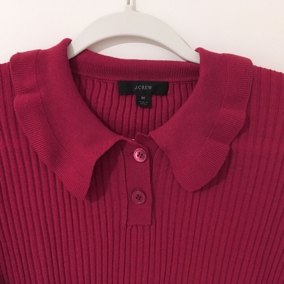 J. Crew Frosty Berry Pink Ruffle Collar Ribbed Sweater Merino Wool - M - Picture 4 of 6